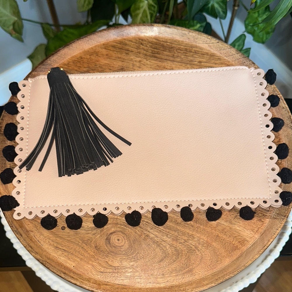 Shiraleah Dusty Rose Pink and Black Wristlet with Poma and Fringe
